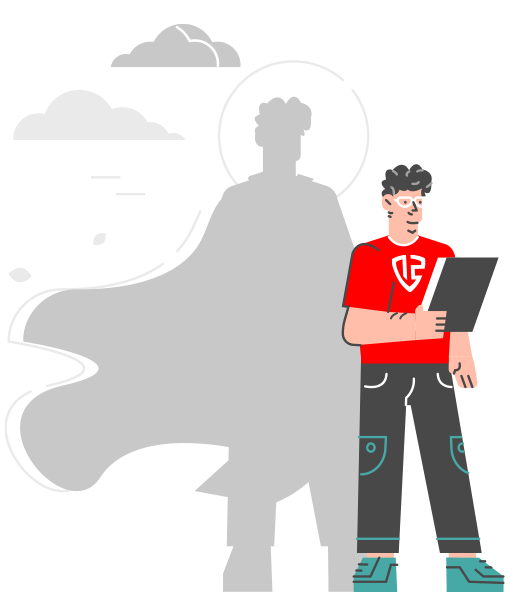 Support Graphic with guy dressed in red reading a clipboard